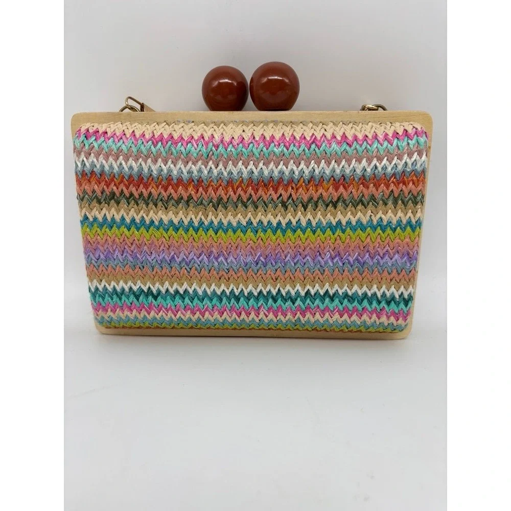Bohemian Woven Chevron Clutch Multi-Color Wood Frame Ball Clasp Chic